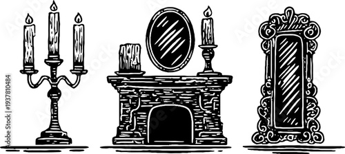 Victorian fireplace mantel and ornate candlestick set for elegant interior decor design