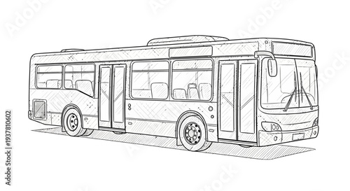 Sketch of a modern city bus with open doors, side view, white background