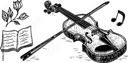 Vintage violin sketch with bow crossing strings and musical elements for artistic design