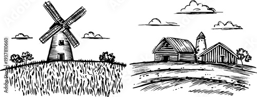 Rustic countryside scenes with windmill and barn in vintage botanical style