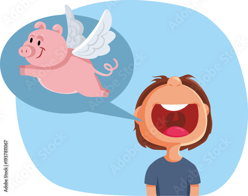 Little Boy Telling Imaginative Lies Vector Illustration. Child sharing creative tall tales featuring a winged pig 