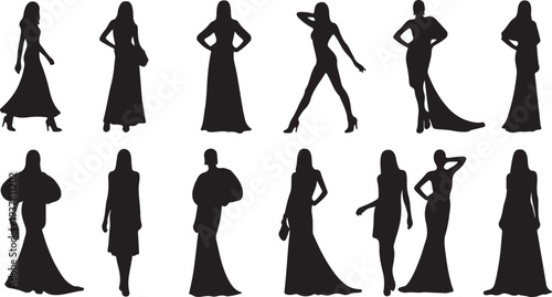 Collection of Black Vector Women Fashion Model Silhouettes in Various Poses isolated PNG with Transparent Background