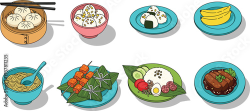 Asian cuisine, traditional dishes, rice bowl, dumplings, ramen noodles, grilled meat, food illustration, cultural meal, colorful plate, culinary art