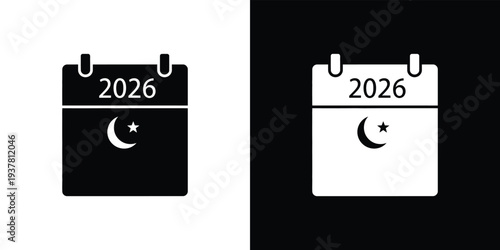 Black and white calendar with crescent moon and star symbol for 2026 1