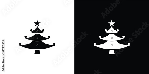 Black and white christmas tree on split background silhouette star ornaments