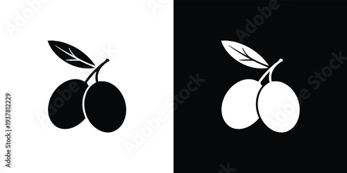 Black and white cherries with leaves on stem fruit