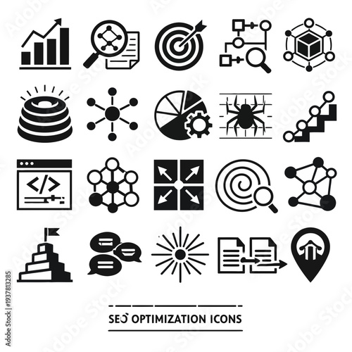 Collection of black icons representing various SEO optimization concepts and tools displayed on a clean background