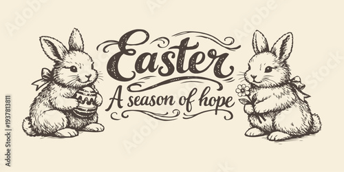 Hand drawn Easter bunnies holding egg and flower, vintage sketch style, beige background. Concept of Easter celebration and hope