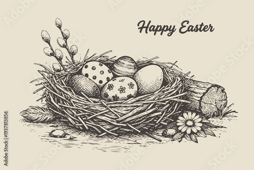 Easter eggs in a nest with flowers and log, hand-drawn sketch style on beige background, concept of spring holiday celebration