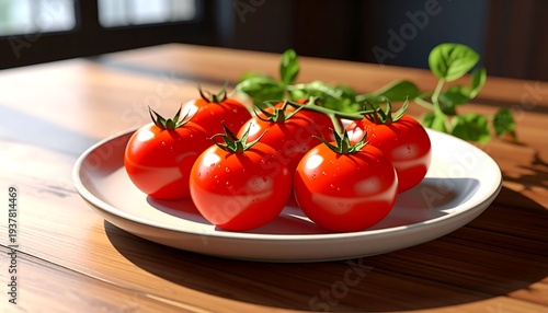 Six ripe, red tomatoes on a plate, garnished with green basil, atop a wooden table, near a sunlit window