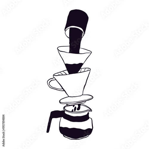 Hand drawn black and white illustration of a pour over coffee brewing process. Perfect for coffee shop branding, barista guides, menus, packaging, and cafe themed designs.