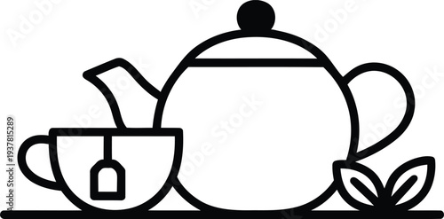 Minimalist Teapot and Tea Cup Line Art Vector Illustration Isolated on White Background for Cafe Menu and Wellness Branding