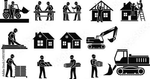 Black and white vector silhouette of civil engineer pointing at bridge construction site with heavy crane and concrete mixer truck