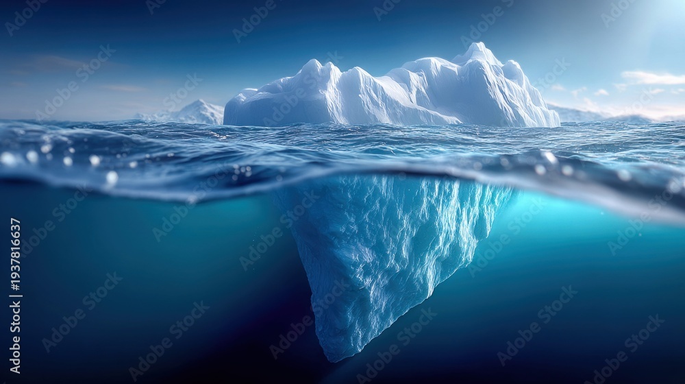 Obraz premium Majestic iceberg floating in the ocean, with underwater view showing its vast submerged mass