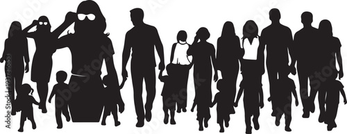 Isolated Black Vector Silhouettes of Diverse Crowd with Men, Women, and Children isolated PNG with Transparent Background