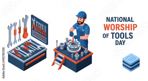 Illustration of a mechanic working on tools for National Worship of Tools Day with a toolbox and equipment.