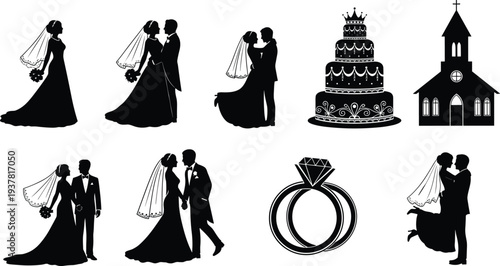 Wedding couple silhouette collection with bride and groom, marriage icons, cake, church, diamond ring, romantic celebration set for invitation design,