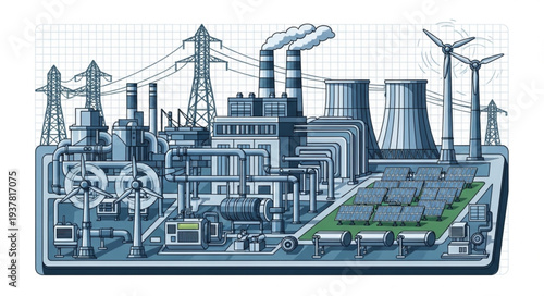 Detailed illustration of a modern industrial power plant complex.