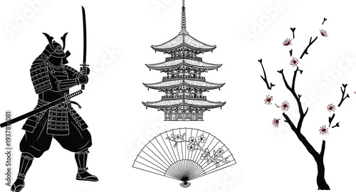 Traditional Japanese cultural set featuring a samurai warrior silhouette, five story pagoda temple, decorative folding fan, and cherry blossom tree branch