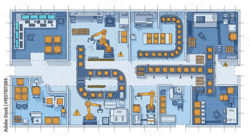 Modern automated warehouse logistics and distribution center layout.