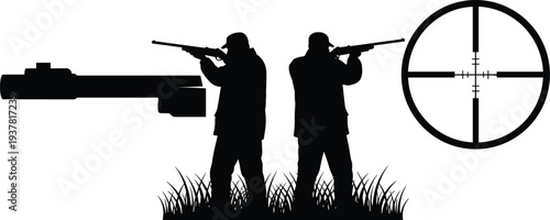 Silhouette of two hunters with rifles in grass, featuring a sniper rifle barrel and optical crosshair target scope icons, hunting set