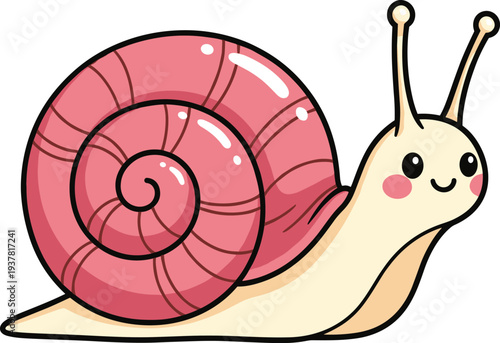 Cute cartoon snail illustration with a pink spiral shell, happy smiling face, and rosy cheeks, isolated on white background, vector