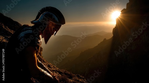Spartan Warrior Silhouette Against Golden Sunset