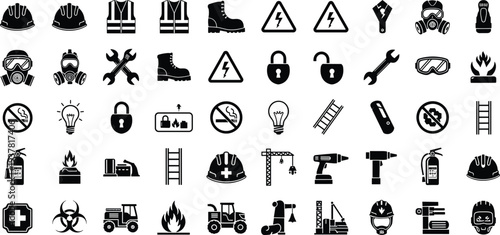 Industrial safety icons set featuring hard hats, gas masks, fire extinguishers, warning signs, tools, construction machinery, protective gear, and work equipment.