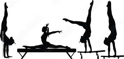 Gymnastics silhouettes set featuring female athletes performing handstands, splits on balance beam, and artistic routines, perfect for sports and fitness designs.