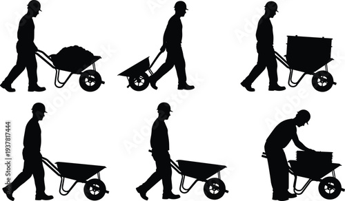 Construction workers with wheelbarrows silhouettes, manual labor equipment, industrial site tools, safety helmet artwork, civil engineering design, cad drawing flat vector illustration