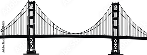 Golden Gate Bridge silhouette, suspension architecture landmark, San Francisco skyline, civil engineering design, iconic structure, black and white cad drawing flat vector illustration