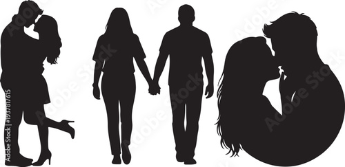 Vector Silhouettes Set of Romantic Couples Embracing, Kissing, and Holding Hands isolated PNG with Transparent Background