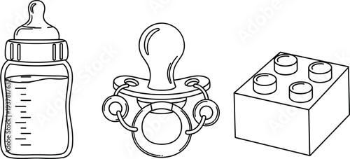 Baby care essentials vector set featuring line art illustrations of a feeding bottle, pacifier, and toy building block for infants.