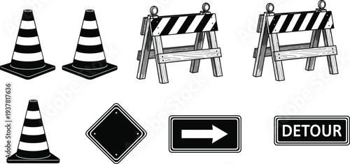 Road construction traffic control signs, cones and barricades silhouettes, detour arrow design, safety management artwork, cad drawing flat vector illustration