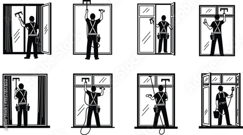 Professional window cleaners silhouettes, safety harness equipment, cleaning tools artwork, building maintenance design, industrial labor illustration, cad drawing flat vector illustration
