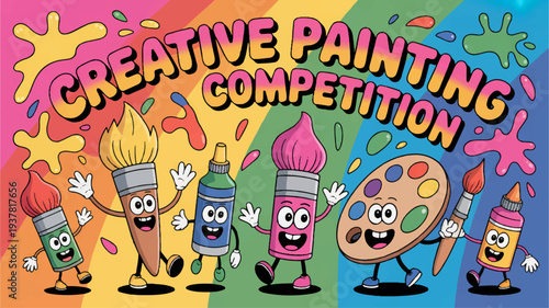 Colorful cartoon paint supplies compete in creative art contest with vibrant background