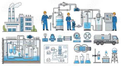 Industrial water treatment plant schematic and equipment illustration.