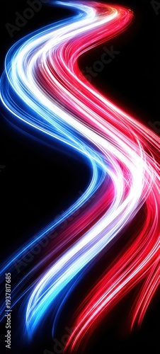 Abstract red, white, and blue light trails flowing dynamically against a dark background
