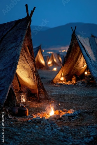 Ancient Spartan Military Camp At Night Firelight