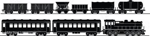 Train cars and steam locomotive silhouettes, freight and passenger railway design, transportation artwork, industrial travel illustration, cad drawing flat vector illustration