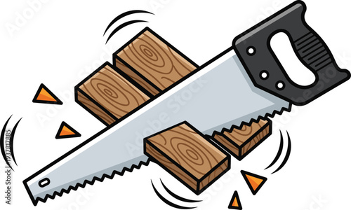Hand saw cutting through wooden planks with wood chips flying and motion blur lines isolated on a white background vector illustration
