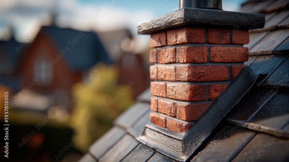 Obraz premium Close-up of a brick chimney on a tiled roof with houses in the background