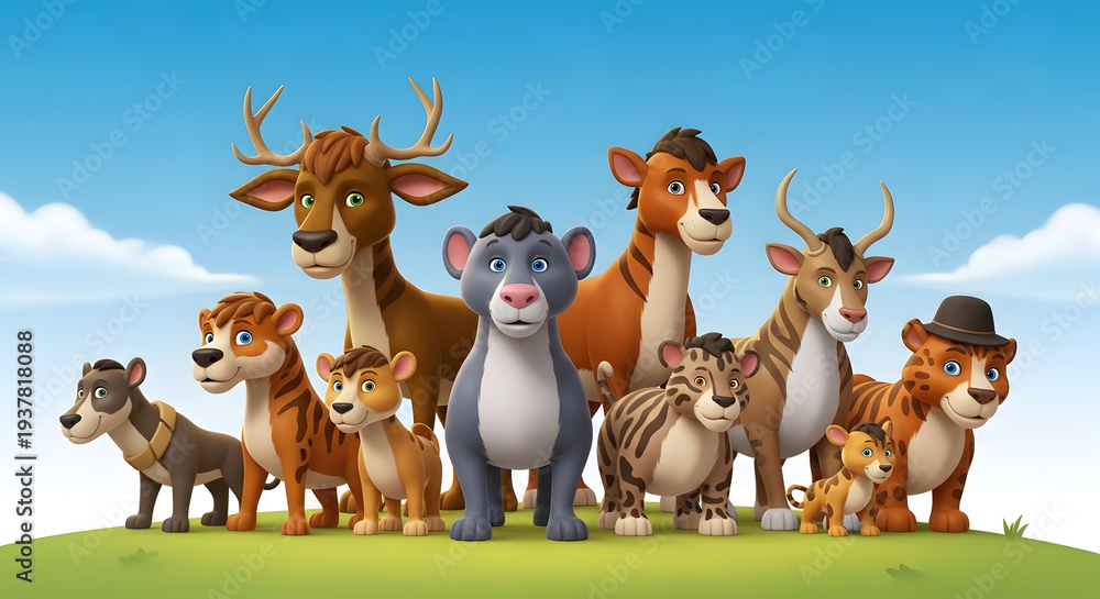 Fototapeta premium Wild Friends Unite: Cheerful Animal Gathering Safari Squad: Playful Tigers, Deer & Bear Forest Fiesta: Animated Animal Party