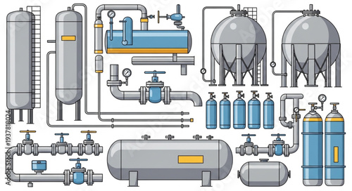 Industrial factory equipment and machinery illustration.