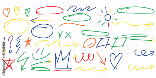 Colourful hand drawn doodle collection of arrows shapes hearts and expressive symbols for creative design