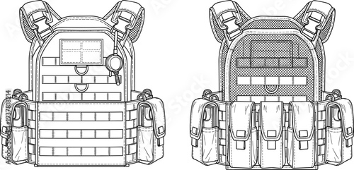 Technical line art drawing of a tactical plate carrier vest with molle webbing and pouches for military and security equipment