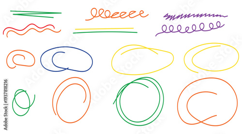 Colourful hand drawn lines squiggles and circles vector art collection provides versatile design elements for creative projects