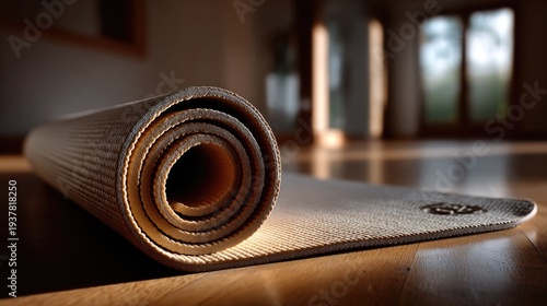 Yoga mat rolled in the corner with soft sunlight reflection a solitary mat rests quietly