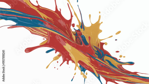 Vibrant paint splatter explosion with red blue and yellow colors on a white background creating a dynamic abstract art design