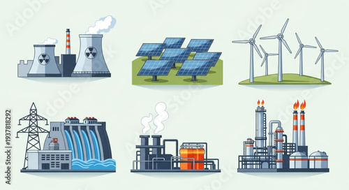 Set of renewable and non-renewable energy power plants illustration.